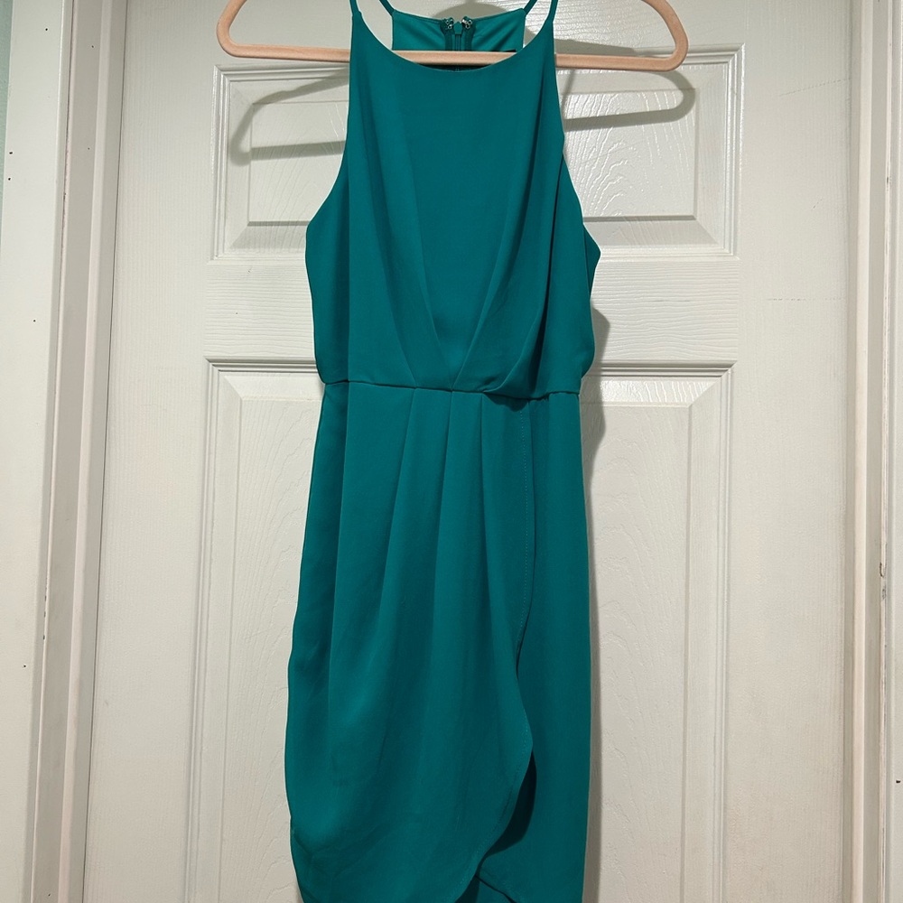 Lulu's Blue Sleeveless Dress with Fitted Waist and Asymmetrical Design